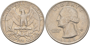 США 25 ЦЕНТОВ = КВОТЕР 1988 P, ВАШИНГТОН KM A164a медь плакированная медно-никелем 4114-924