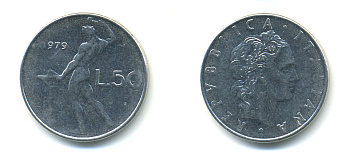 ИТАЛИЯ 50 ЛИР 1979 R, КУЗНЕЦ KM 95.1 нержавеющая сталь 3999-1254