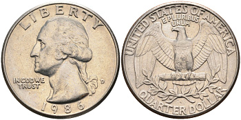 США 25 центов = квотер 1986 D, Вашингтон KM A164a медь плакированная медно-никелем 4584-1231