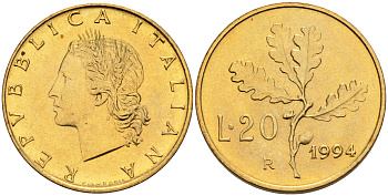 Италия 20 лир 1994 R, дубовый лист KM 97.2 алюминиевая бронза  UNC  4594-861