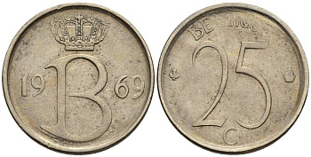 БЕЛЬГИЯ 25 САНТИМОВ 1969 BELGIQUE KM 153.1 медно-никель 4528-1023