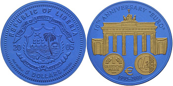 Либерия 5 долларов 2005 10 лет евро, страны еврозоны, Германия, с сертификатом, би-колор (два цвета), вес 7,78 гр., диаметр 35 мм.  ниобий  UNC  00-00