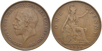 Великобритания 1 пенни 1936 Георг V (1910-1936) KM 838, Spink 4055 бронза 115-324