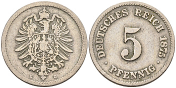 Германия 5 пфеннигов 1875 G KM 3, J.3 медно-никель 4594-852