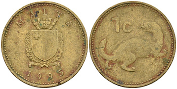 Мальта 1 цент 1995 ласка, горностай KM 93 никель латунь 4585-1221