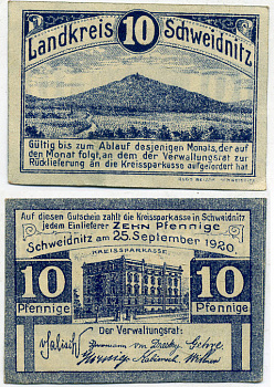 ШВЕЙДНИЦ (СВИДНИЦА ПОЛЬША)10 ПФЕННИГОВ 1920 НОТГЕЛЬД, 25 СНТЯБРЯ 1920 Grabowski S61.1 бумага 7551-33-3-1