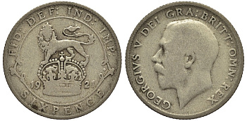 Великобритания 6 пенсов 1921 Георг V (1910-1936) KM 815а.1, Spink 4024 серебро 4539-116