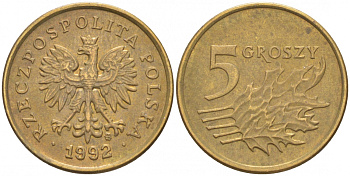 Польша 5 грошей 1992 MW KM 278 латунь 100-1235