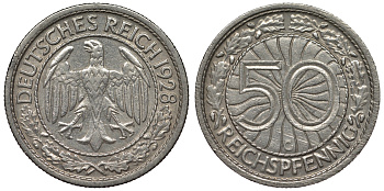 Германия 50 рейхспфеннигов 1928 G KM 49, J. 324 никель 4121-821