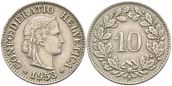 ШВЕЙЦАРИЯ 10 РАППЕНОВ 1953 В KM 27 медно-никель 55-237