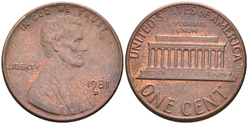 США 1 ЦЕНТ 1981 D, ЛИНКОЛЬН KM 201 медь цинк 4588-361