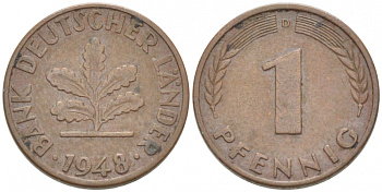 ФРГ 1 ПФЕННИГ 1948 D KM А101, J.376 сталь плакированная медью 3955-468