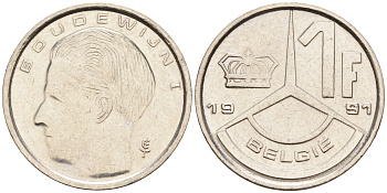 БЕЛЬГИЯ 1 ФРАНК 1991 BELGIE KM 171 железо плакированное никелем 4588-514