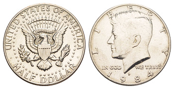 США 1/2 доллара (50 центов) 1984 D, Джон Кеннеди KM A202b медь плакированная медно-никелем aUNC 4367-932