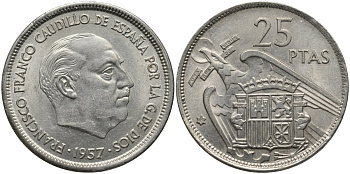 Испания 25 песет 1957 (69) Франсиско Франко (1939-1975) KM 787 медно-никель UNC 4171-714