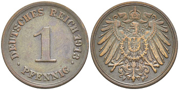ГЕРМАНИЯ 1 ПФЕННИГ 1913 F KM 10, Jager. 10, Weege 2 медь 4528-713