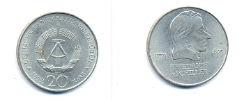 ГДР 20 марок 1972 А, Фридрих Шиллер (1759-1805) KM 40 медно-никель 3333-644