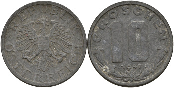 Австрия 10 грошей 1947 KM 2874 цинк 4152-126