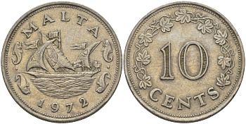 Мальта 10 центов 1972 баржа Великого магистра KM 11 медно-никель 82-432
