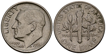 США 10 центов (дайм) 1965 Рузвельт KM 195a медь плакированная медно-никелем 4164-923