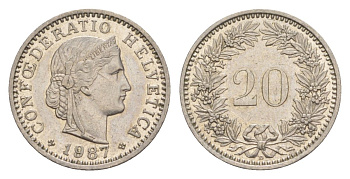 Швейцария 20 раппенов 1987 KM 29a медно-никель aUNC 4632-465