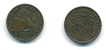 БЕЛЬГИЯ 2 САНТИМА 1902 BELGES KM 35.1 медь 84-223