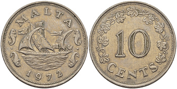 Мальта 10 центов 1972 баржа Великого магистра KM 11 медно-никель 82-321