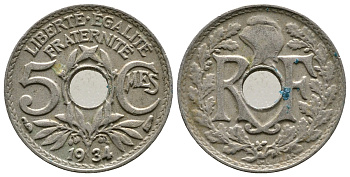ФРАНЦИЯ 5 САНТИМОВ 1934 ТИП ЛИНДАЙЁ KM 875 медно-никель 4364-1156