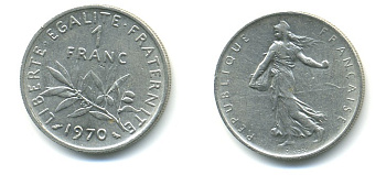 ФРАНЦИЯ 1 ФРАНК 1970 СЕЯТЕЛЬ KM 925.1 никель 57-155