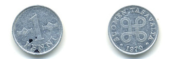 Финляндия 1 пенни 1970 KM 44а алюминий 80-836
