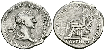 Римская Империя денарий 114 - 117 Траян PM TR P COS VI PP SPQR FORT RED Фортуна, персонификация Удачи Рим Very fine RIC 318 серебро 1073-4-3-2