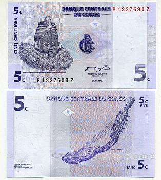ДР Конго 5 сантимов 1997 маска суку, музыкальный инструмент занде Pick 81 a бумага UNC (пресс) 448-63-3
