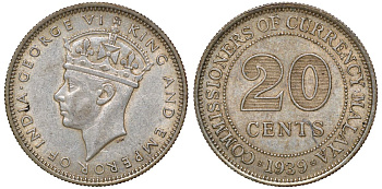 Британская Малайя 20 центов 1939 Георг VI (1937-1952) KM 5 серебро 53-316