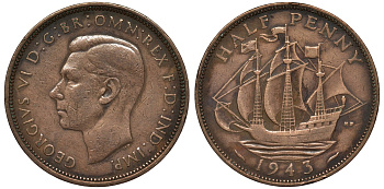 Великобритания 1/2 пенни 1943 Георг VI (1936-1952) KM 844, Spink 4115 бронза 4122-755