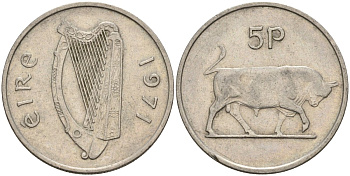 Ирландия 5 пенсов 1971 бык KM 22 медно-никель 4146-524