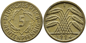 ГЕРМАНИЯ 5 РЕНТЕНПФЕННИГОВ 1924 E, KM 32, J. 308 алюминиевая бронза 4387-1147