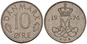 Дания 10 эре 1974 Маргрете II (1973 - 1988) KM 860 медно-никель 4173-725