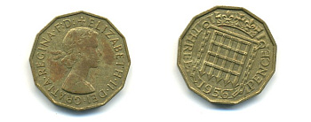 Великобритания 3 пенса 1956 Елизавета II (1952-2022) KM 900, Spink 4153 никель латунь 59-724