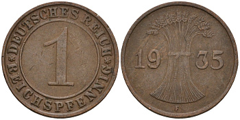 Германия 1 рейхспфенниг 1935 F KM 37, J. 313 бронза 4124-848