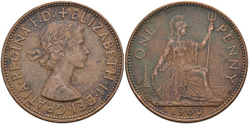 Великобритания 1 пенни 1966 Елизавета II (1952-2022) KM 897, Spink 4157 бронза 4574-316