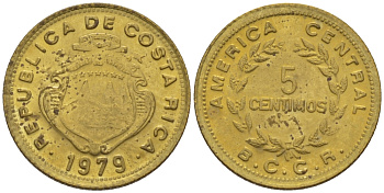 КОСТА-РИКА 5 СЕНТИМО 1979 g KM 184.3а латунь 66-545