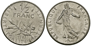 Франция 1/2 франка 1987 сеятель KM 931 никель 4135-733