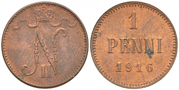 РОССИЯ ДЛЯ ФИНЛЯНДИИ 1 ПЕННИ 1916 НИКОЛАЙ II (1895-1917) KM 13, Биткин 476 медь 211-1022
