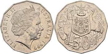 Австралия 50 центов 1999 Елизавета II (1952-2022), герб KM 104 медно-никель 4578-225