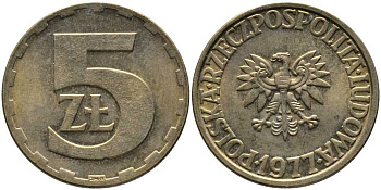 Польша 5 злотых 1977 монетный двор Ленинград (ЛМД) KM 81.1, Parchimowicz 221c латунь 110-844