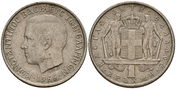 Греция 1 драхма 1966 Константин II (1964-1973) KM 89 медно-никель 4159-851