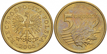 ПОЛЬША 5 ГРОШЕЙ 2005 MW KM 278 латунь UNC 4516-1164