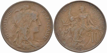 ФРАНЦИЯ 10 САНТИМОВ 1913 ТИП ДАНИЭЛЬ ДЮПЮИ KM 843, LA FRANC 136.23 бронза 109-321