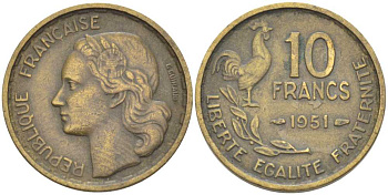 Франция 10 франков 1951 петух KM 915.1, Le Franc 363.4 алюминиевая бронза 175-627