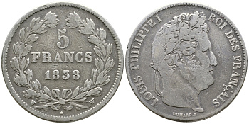 Франция 5 франков 1838 W, Луи Филипп I (1830-1848) KM 749.13 серебро 1066-6-51